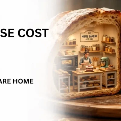A split bread loaf graphic highlighting factors influencing the bakery license cost Dubai for home versus commercial setup options.