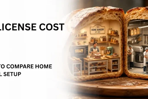 A split bread loaf graphic highlighting factors influencing the bakery license cost Dubai for home versus commercial setup options.
