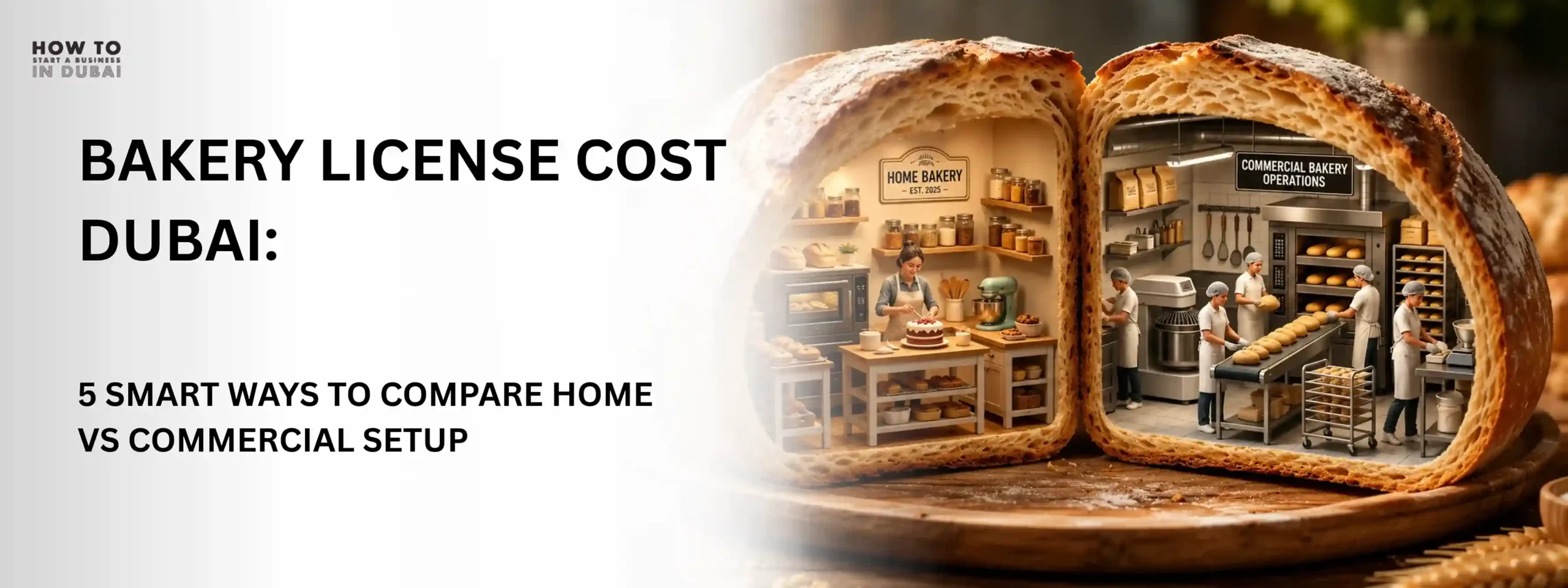 A split bread loaf graphic highlighting factors influencing the bakery license cost Dubai for home versus commercial setup options.