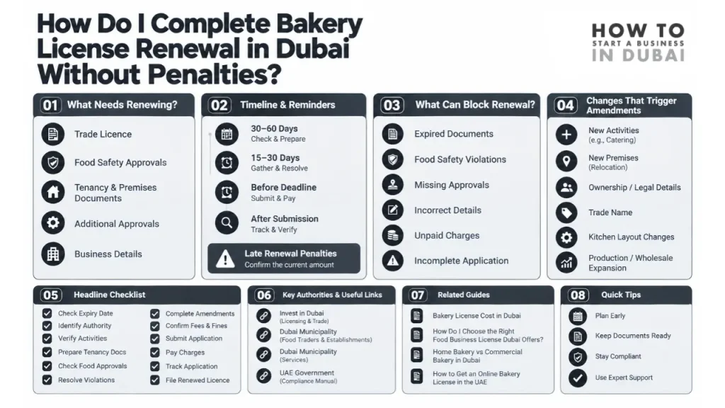 An eight-step infographic detailing timelines, checklists, and procedures for a smooth bakery license renewal in Dubai without any delays.