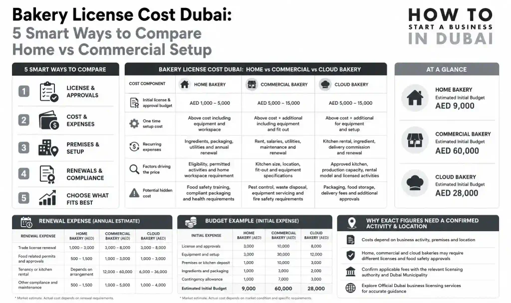 Detailed comparison infographic outlining total bakery license cost Dubai estimates for home, commercial, and cloud kitchen business models.