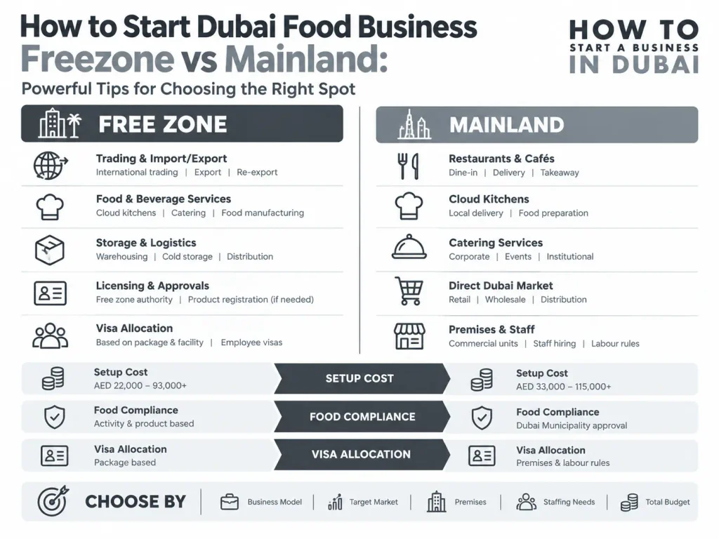 Infographic comparing Dubai food business freezone vs mainland setup costs, licensing, visa allocation, and food compliance details.