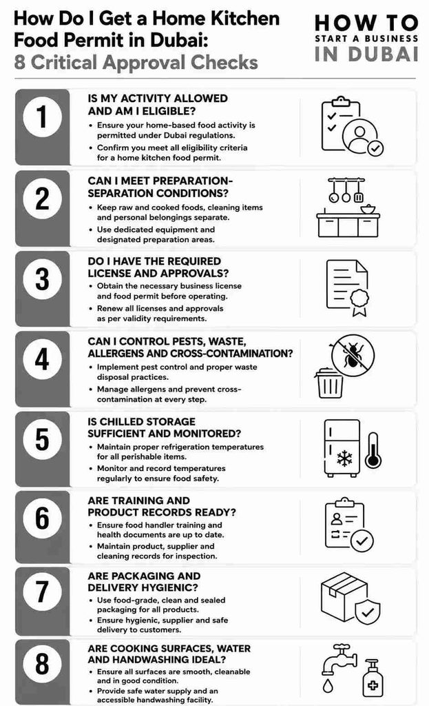 Infographic showing a home kitchen set over an itemized food business license bill for a Home Kitchen Food Permit in Dubai.