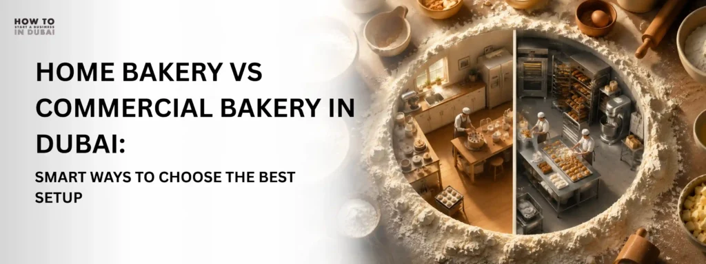 Graphic comparing a home bakery vs commercial bakery setup with a split kitchen scene created inside a flour circle background.