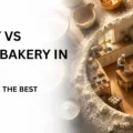 Graphic comparing a home bakery vs commercial bakery setup with a split kitchen scene created inside a flour circle background.