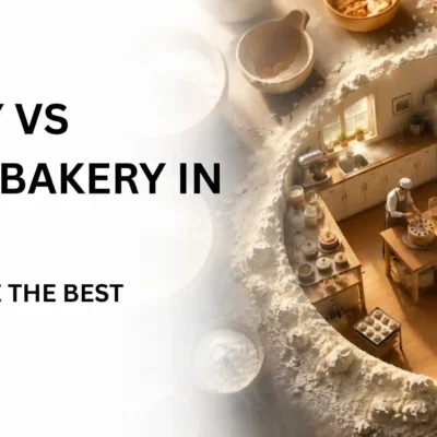 Graphic comparing a home bakery vs commercial bakery setup with a split kitchen scene created inside a flour circle background.