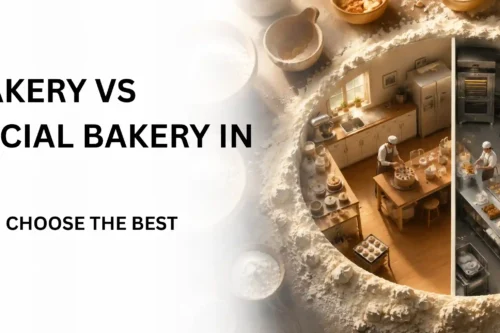 Graphic comparing a home bakery vs commercial bakery setup with a split kitchen scene created inside a flour circle background.