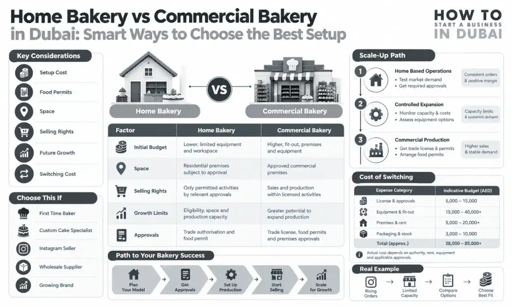Infographic comparing a home bakery vs commercial bakery in Dubai, highlighting costs, space, approvals, licensing, and key setup considerations.