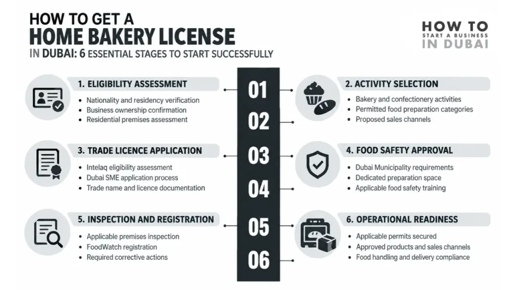 Infographic outlining six essential stages to obtain a home bakery license in Dubai.