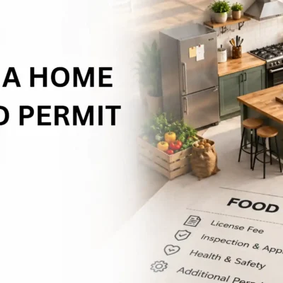 Infographic showing a home kitchen set over an itemized food business license bill for a Home Kitchen Food Permit in Dubai.
