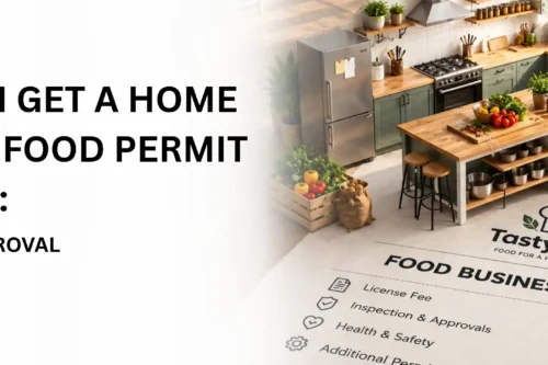 Infographic showing a home kitchen set over an itemized food business license bill for a Home Kitchen Food Permit in Dubai.