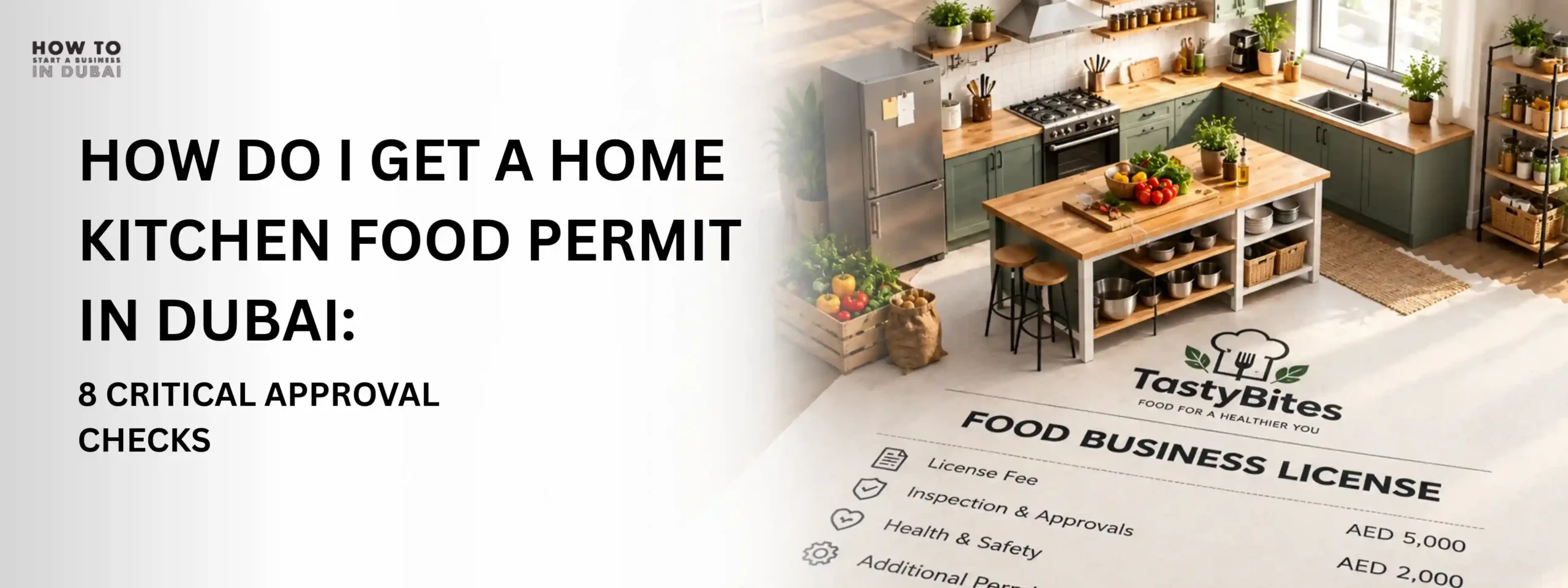 Infographic showing a home kitchen set over an itemized food business license bill for a Home Kitchen Food Permit in Dubai.