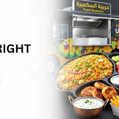 3D illustration of a food platter, delivery rider, and food truck showcasing options under a food business license Dubai.