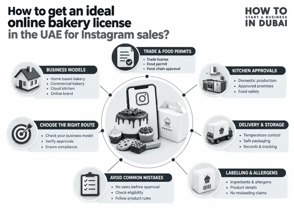 Detailed process infographic outlining kitchen approvals, permits, and steps to get an online bakery license in the UAE for social media.