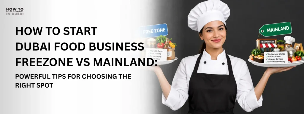 A female chef holding two plates displaying business options for Dubai food business freezone vs mainland.
