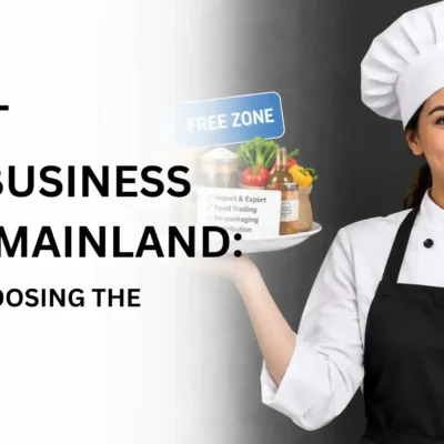 A female chef holding two plates displaying business options for Dubai food business freezone vs mainland.