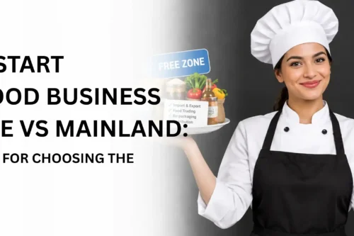 A female chef holding two plates displaying business options for Dubai food business freezone vs mainland.