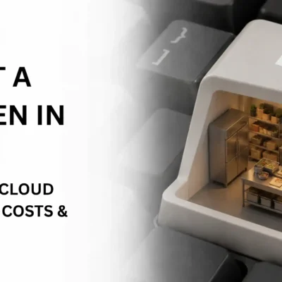 Start a cloud kitchen in Dubai with a 3D keyboard Enter key featuring a miniature commercial kitchen for food entrepreneurs.