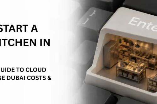 Start a cloud kitchen in Dubai with a 3D keyboard Enter key featuring a miniature commercial kitchen for food entrepreneurs.