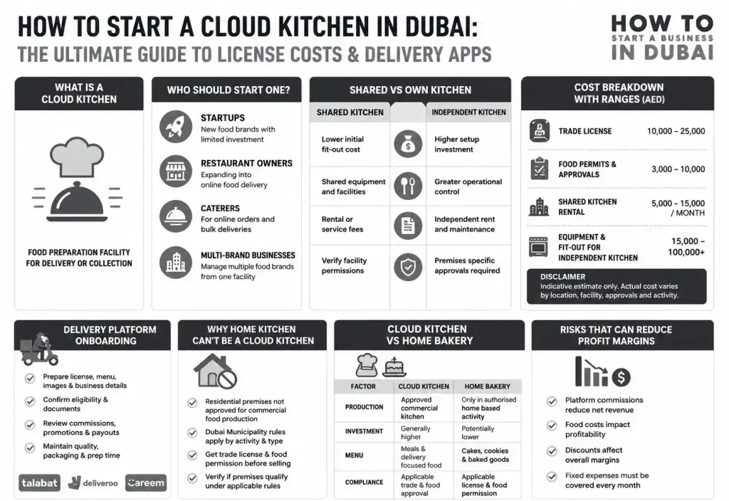 Start a cloud kitchen in Dubai infographic covering licensing costs, kitchen types, delivery platforms, food safety requirements and profitability considerations.