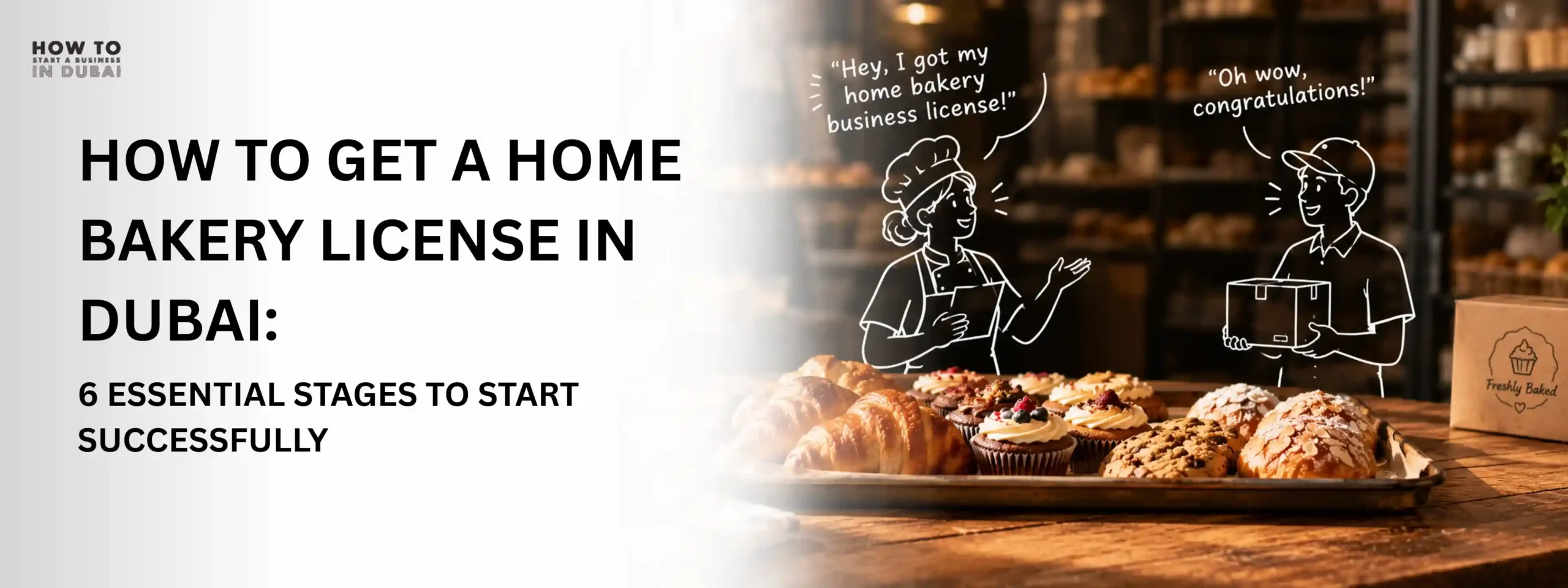 Graphic displaying fresh baked goods and a guide on getting a home bakery license in Dubai.